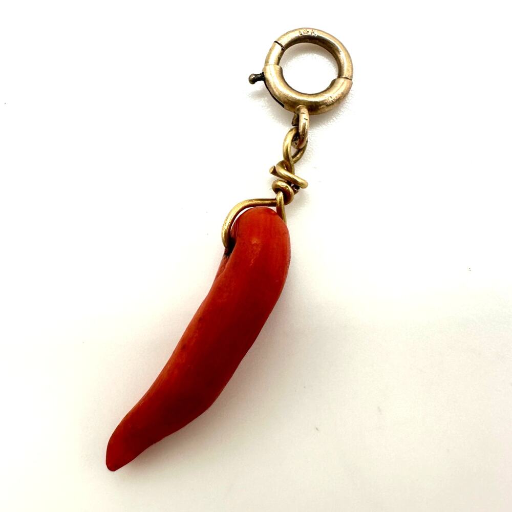 Antique Italian horn Cornicello solid 14kt gold genuine red coral pendant charm